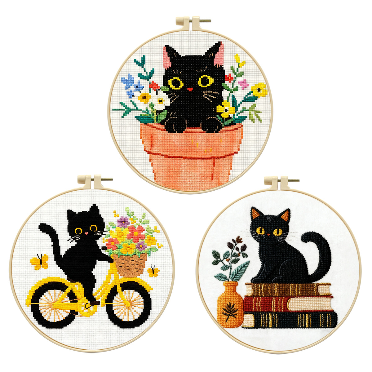 Fábrica directa de bordado cruzado transfronterizo Amazon tres pequeños gatos negros pequeños kits de bordado simple DIY