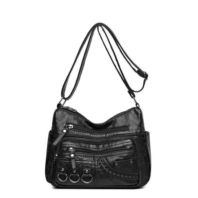 Comercio exterior nuevo bolso de las mujeres lavado suave de cuero con textura bolso de hombro de gran capacidad Multi-Bolsillo europeo y americano hombro bolsa de mensajero