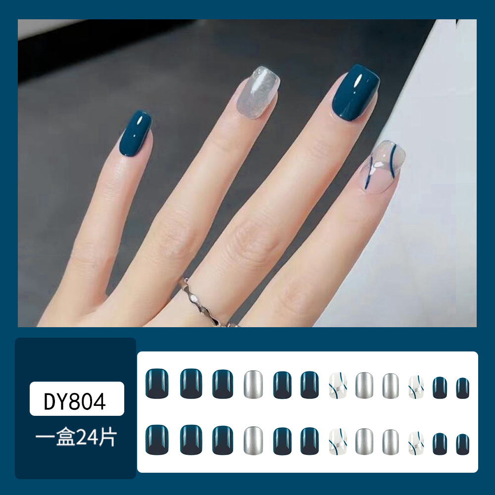 Unas de color azul oscuro plata Yun, uñas cortas cuadradas, estilo simple, estilo atractivo, 24 piezas de parche de uñas terminado. image 3