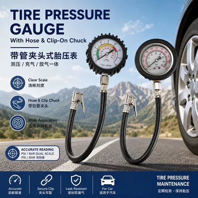 Air pressure gauge/tire pressure gauge with hose for measuring pressure