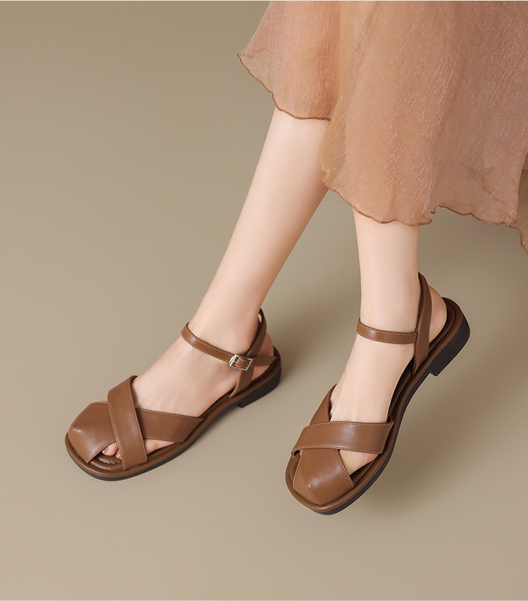 Sandal nữ quai ngang kiểu La Mã phong cách Pháp, mũi hở bán bít, đế bằng thoáng khí — KN38 màu be chi tiết 20