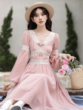 新款气质甜美雪纺蕾丝拼接花朵领长袖连衣裙春新品