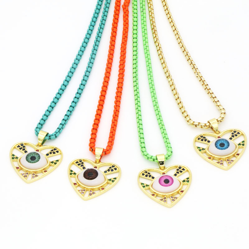 20g Weight Copper 18K Gold Plated Beaded Inlay Devil's Eye Heart Shape Resin Zircon Pendant Necklace