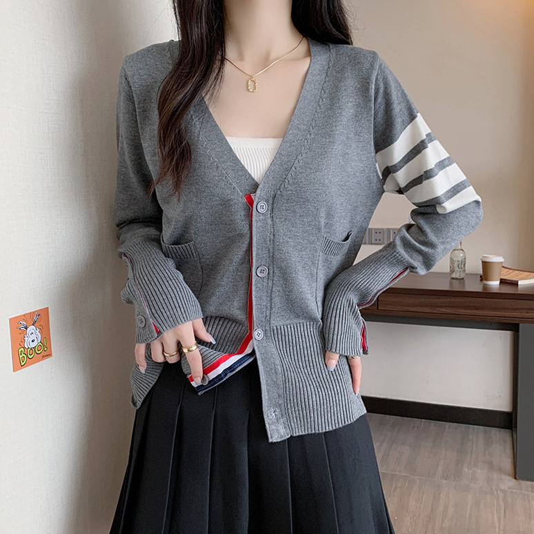 Four-Stripe Couple Knit Cardigan Spring and Autumn Loose Versatile College Style Sweater Jacket Top