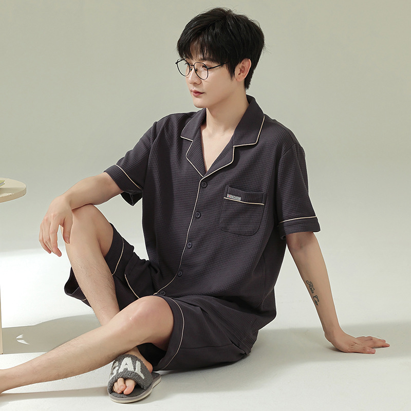 Verano nuevos hombres cardigan pijamas de manga corta puro algodón rojo boda casual waffle desgaste del hogar se puede usar fuera de verano