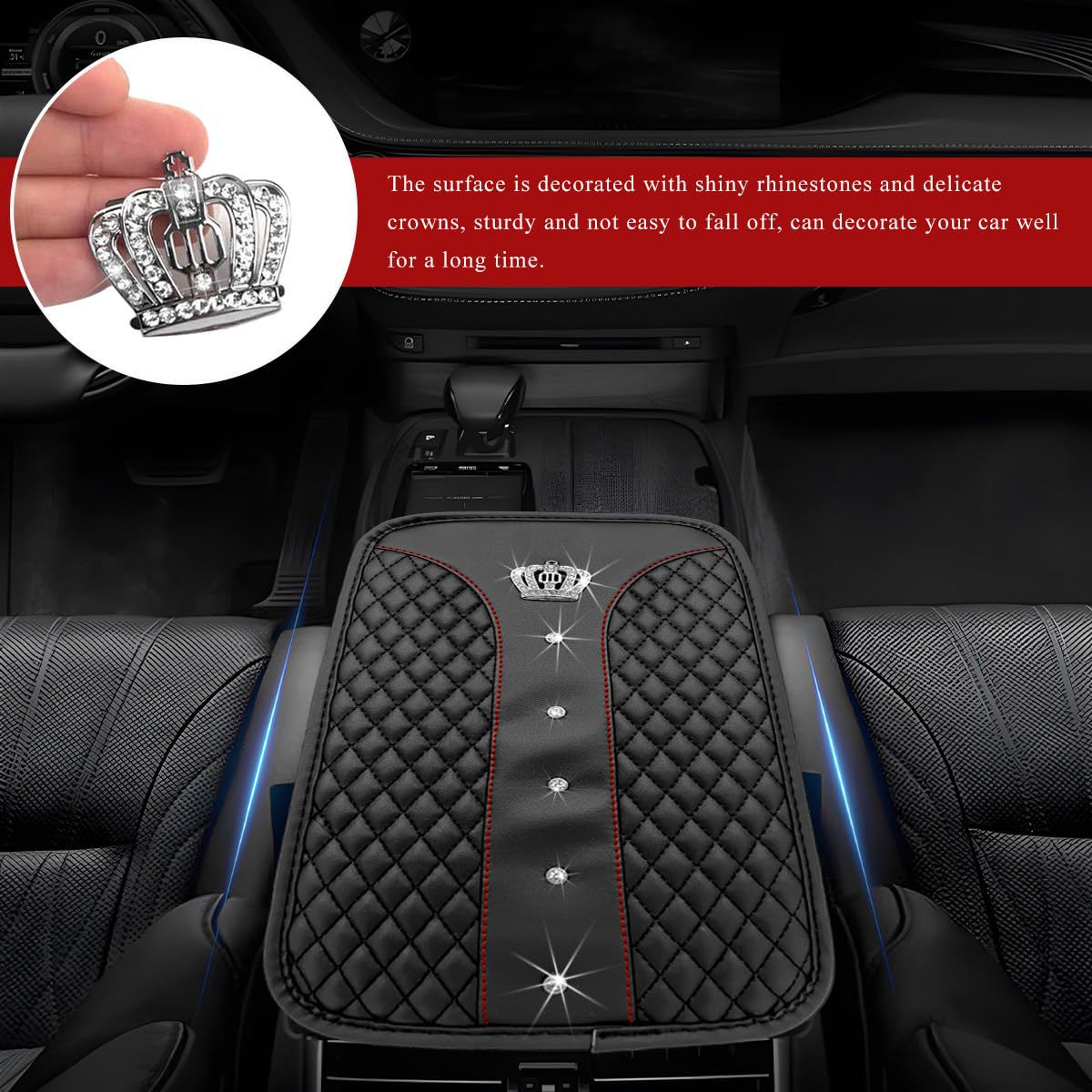 Car armrest box cushion, crown leather studded armrest box pad, armrest cover, three-dimensional quilted embroidery car interior accessory