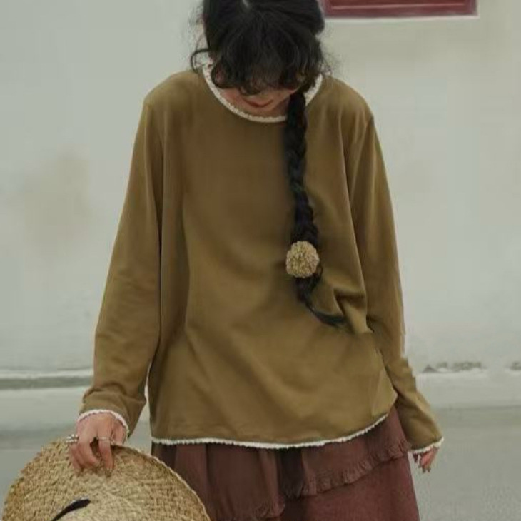 Lace Splicing Bottoming T-Shirt 2025 Literary Simple Round Neck Clean Version Comfortable and Versatile Loose Casual Pullover Top