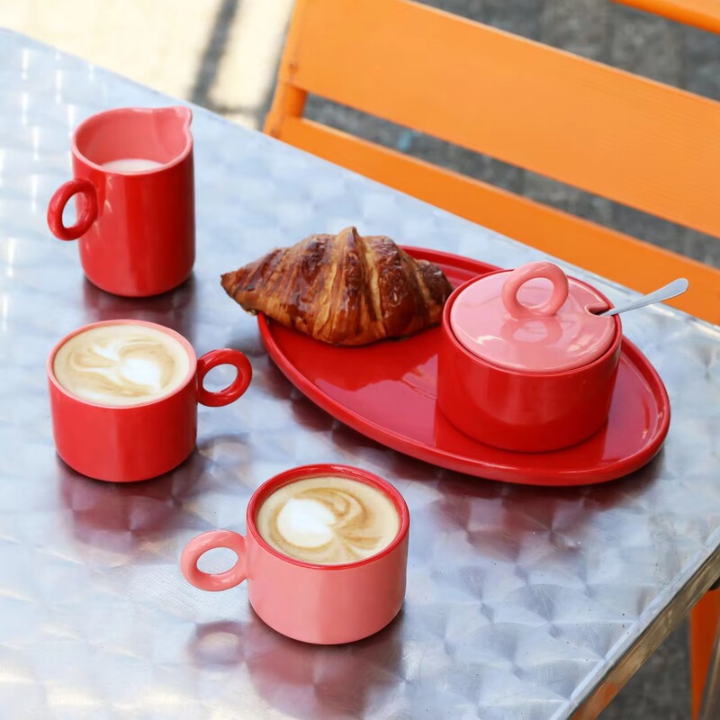 Hengfei Ceramic Stoneware Dolomite Red Coffee Cup Set with Handle and Tray - Suitable for Party Use, Portable Hengfei Ceramic Stoneware Dolomite Red Coffee Cup Set with Handle and Tray - Suitable for Party Use, Portable