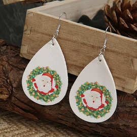独立站欧美新款圣诞节水滴卡通花圈圣诞老人皮革耳环双面耳饰批发