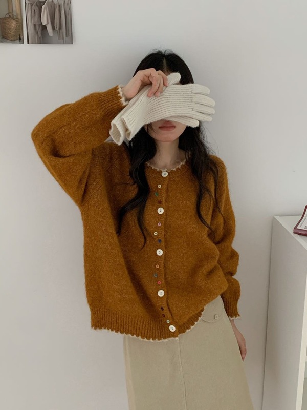 奶fufu设计感彩色纽扣针织开衫女秋季新款宽松慵懒风软糯毛衣外套|undefined