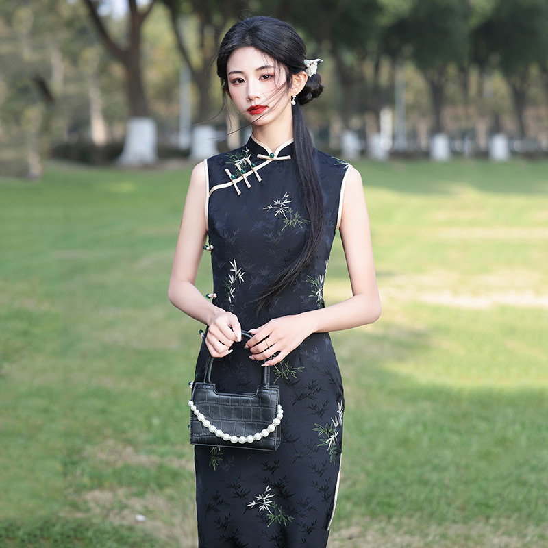 Black long lightweight retro summer cheongsam sleevless