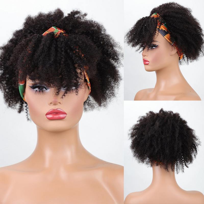 Cross-border European and American wig women African curly hair with fringe turban wig headgear human hair wig