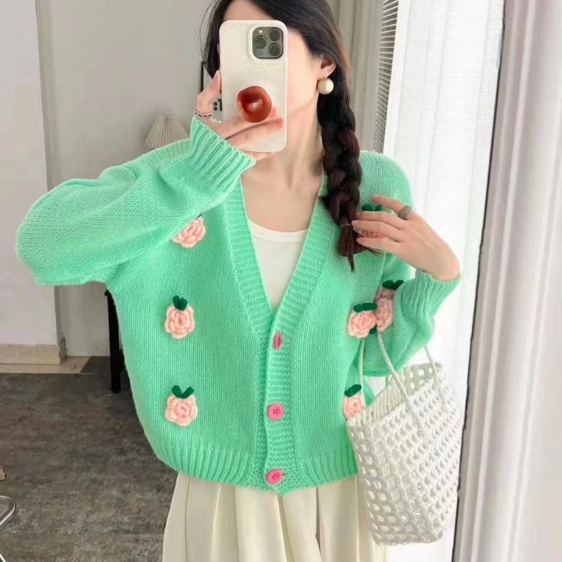 Correo romántico flor tridimensional cardigan de punto otoño y invierno nuevo estilo retro estilo estilo exterior suéter exterior abrigo mujer image 10