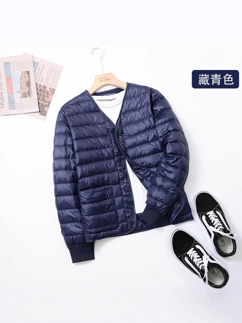 Chaqueta de pluma transfronteriza para hombres corta delgada invierno gruesa calentamiento delgada sin cuello en V chaqueta de forro blanco