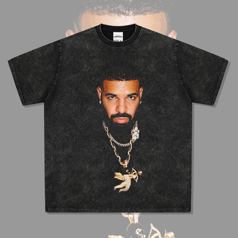 American-style Retro Hip-hop Drake Big Head Printed High Street Short-sleeved T-shirt Washed Heavy Cotton Crewneck Hooded Sweatshirt