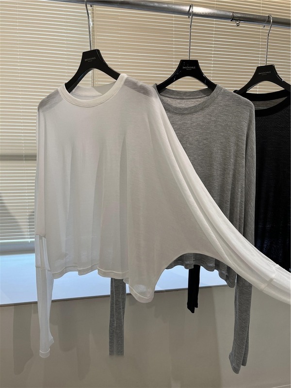 氷糸マスクtシャツ女性夏軽薄通気天糸上着ゆるい怠惰な丸首長袖日焼け止めブラウス|undefined