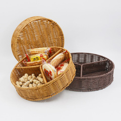 批發三格分格盤藤編托盤圓形果盤家用客廳桌面零食水果收納籃