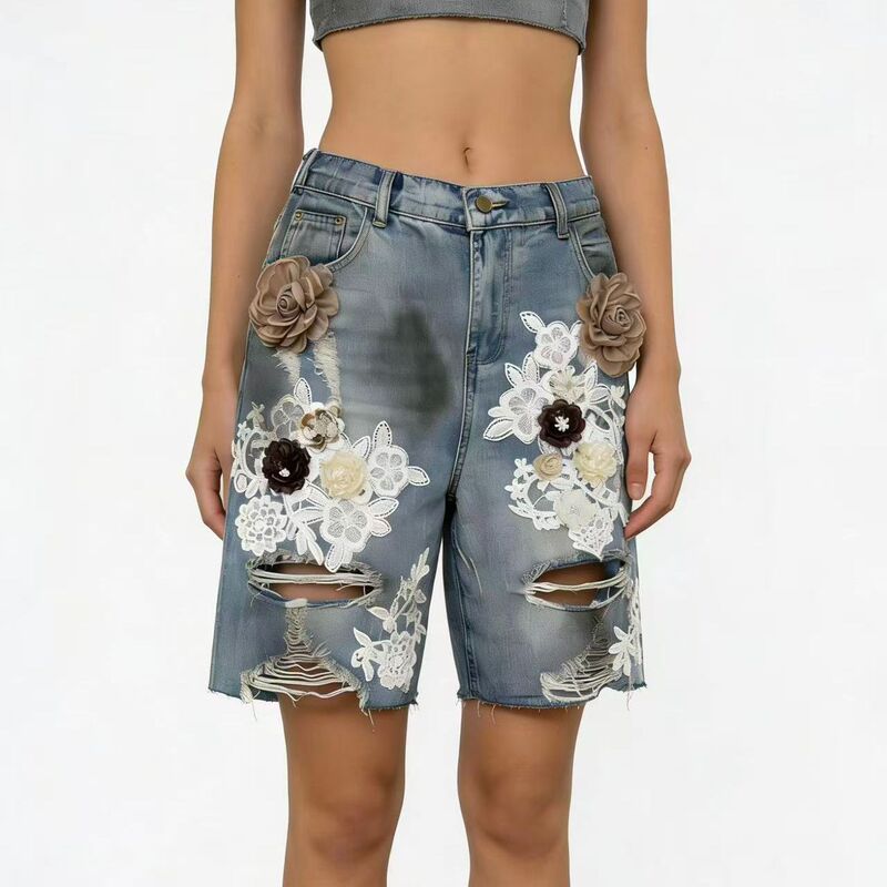 Women's denim shorts 2026 summer new European style loose fit student versatile slimming high-waisted ripped short jeans cross-border