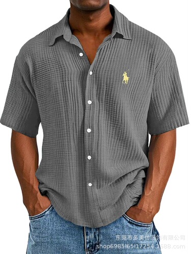 TikTok Temu 2025 New Cross-border Plus Size Embroidered Shirt for Men, Loose Pure Cotton Short Sleeve Collar Shirt