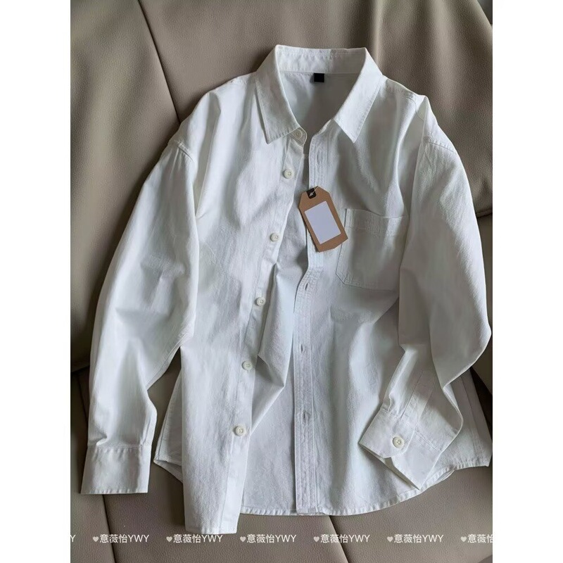Trendy Twill Cotton White Shirt with Regular Shoulders, Suitable for Layering, Long-Sleeve Top for Spring and Autumn, Japanese Style Unisex Couple's Jacket
