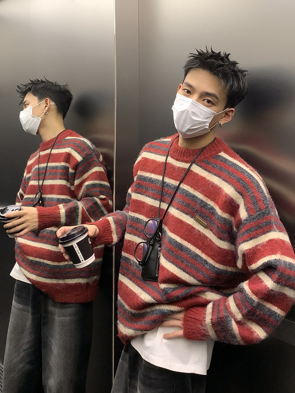 American Retro Striped Color-Block Round Neck Loose Mohair Sweater Unisex Lazy Autumn and Winter Knitwear Base Layer Trendy