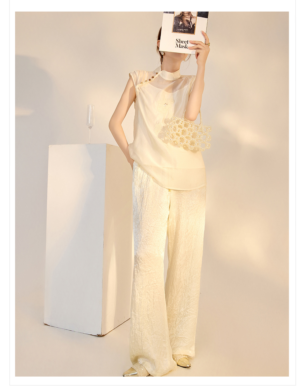 Quần culottes nữ ống rộng chất acetate phong cách Trung Quốc mới — Màu vàng, Màu hồng, Màu trắng chi tiết 8