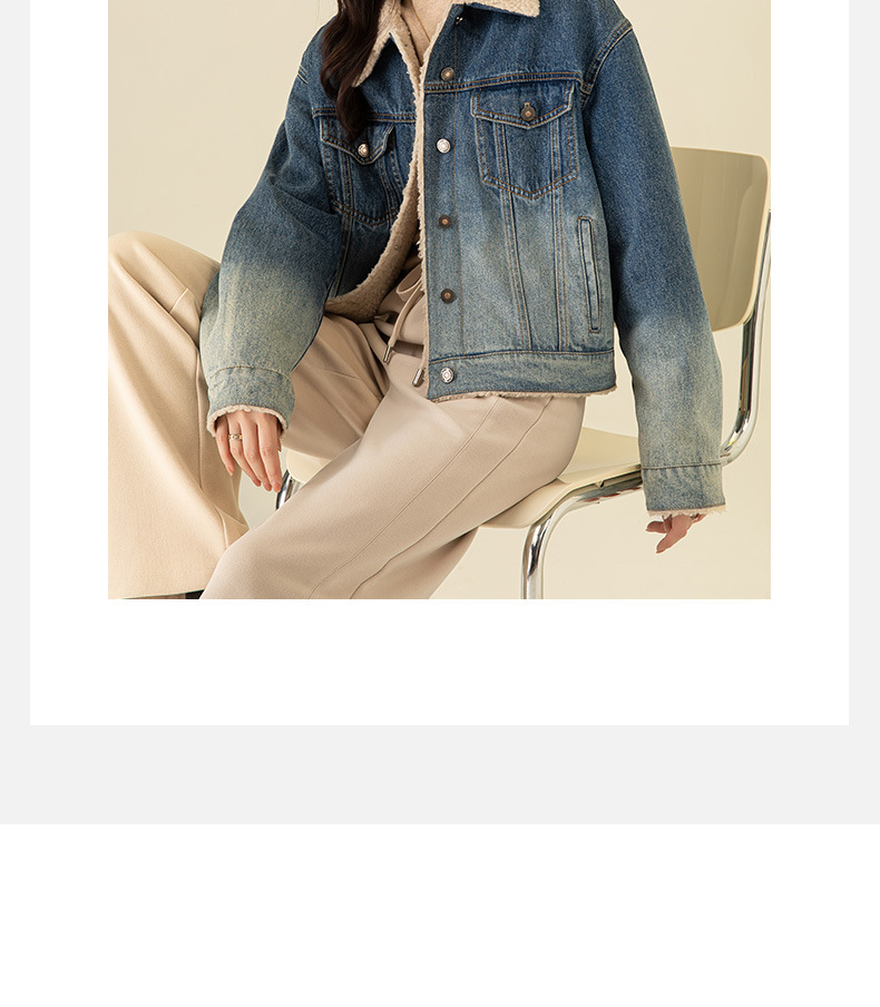 Áo khoác ngắn nữ denim phối màu giả lông cừu, dày dặn giữ ấm — Chuyển dần xanh lam chi tiết 6