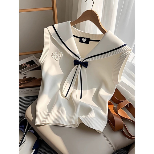 Cream White Navy Collar Bow Knot V Neck Cardigan for Women - Spring New Arrival Korean Style Knit Top