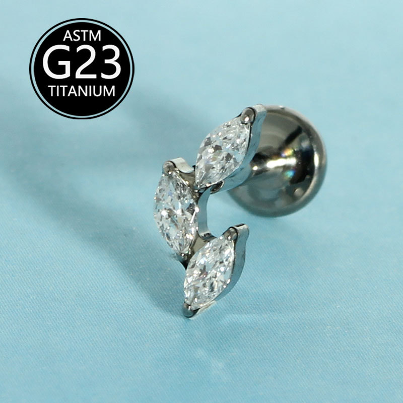 G23 Titanium Internally Threaded Flat Lip Stud with Marquise Zircon | Lip Ear Cartilage Piercing Jewelry detail image 8