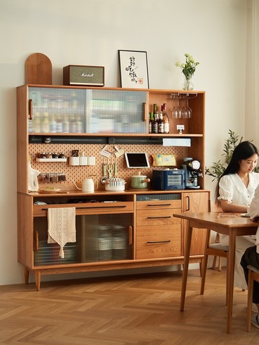 Nordic solid wood sideboard integrated wall wine cabinet cherry wood high cabinet small apartment Japanese style retro tea cabinet
