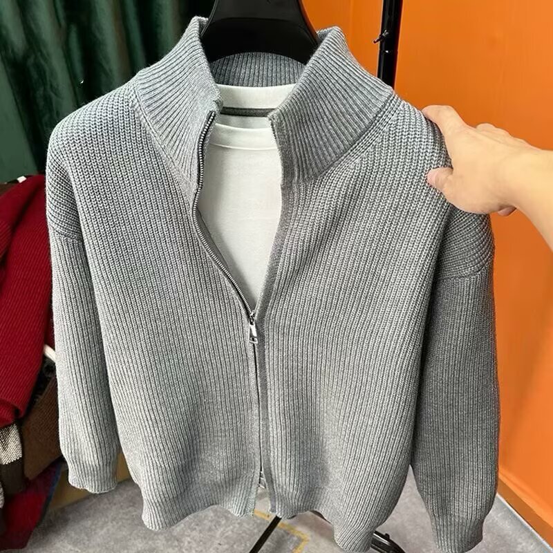 Half Turtleneck Sweater Cardigan Zipper Jacket Autumn and Winter Korean Style Loose Casual Knitted Sweater Men's Style