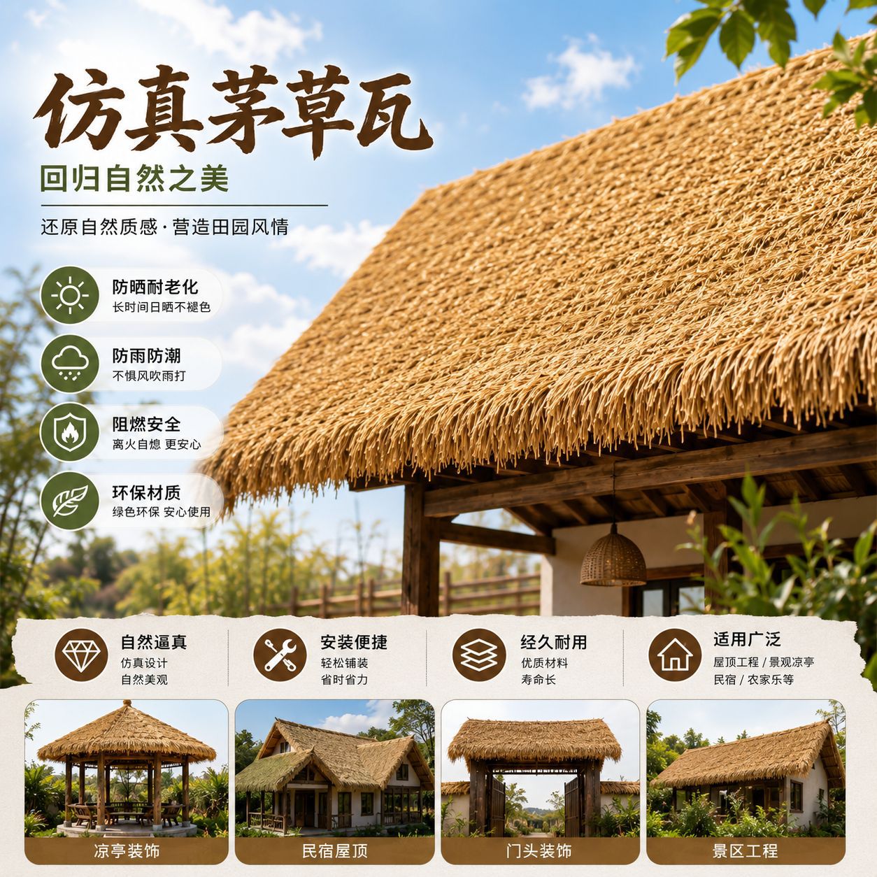 绿益仿真茅草屋顶假茅草民宿景区凉亭农家乐户外人造茅草厂家批发