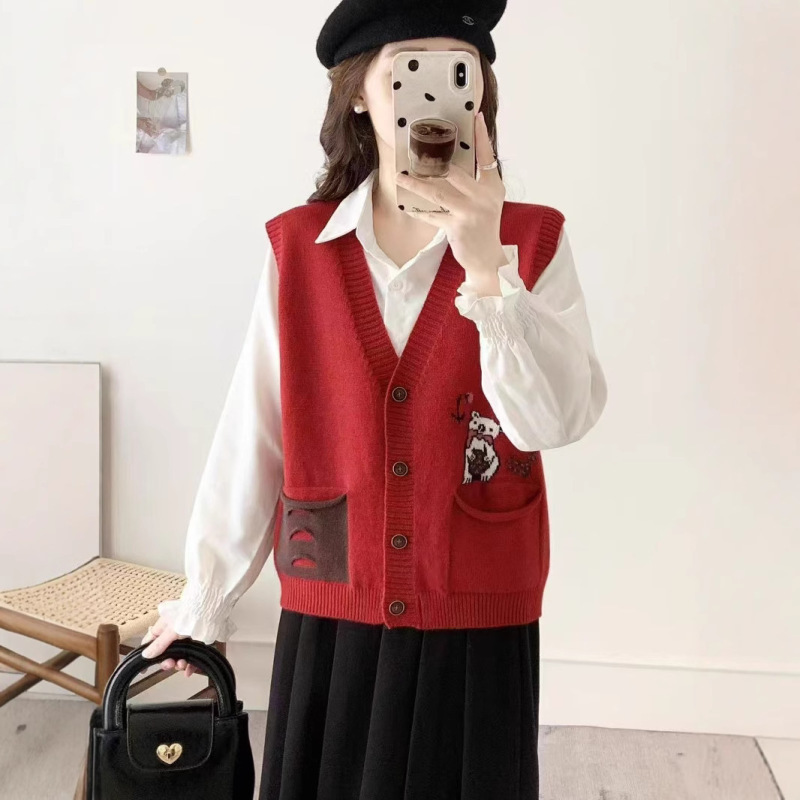 针织马甲开衫女外搭2025春季新款V领宽松学院慵懒风无袖坎肩外套|undefined