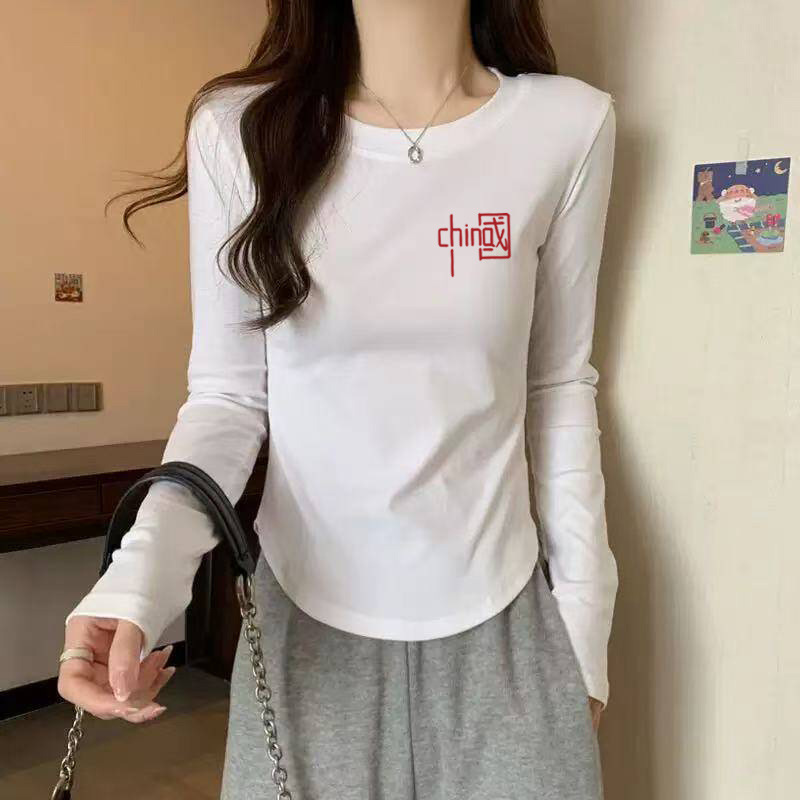 螺纹棉长袖t恤女小众设计感下摆不规则春秋季修身百搭打底衫上衣|undefined