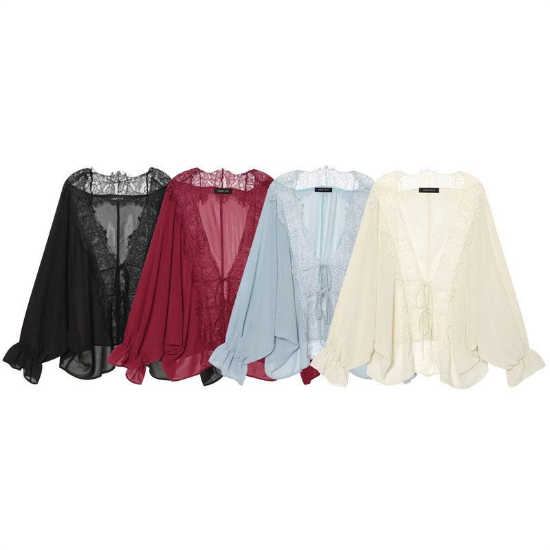Wholesale Women's Fashion 2026 European and American Style Loose Long Sleeve Asymmetrical Hem Lace Patchwork Shirt 9038832 Wholesale Women's Fashion 2026 European and American Style Loose Long Sleeve Asymmetrical Hem Lace Patchwork Shirt 9038832