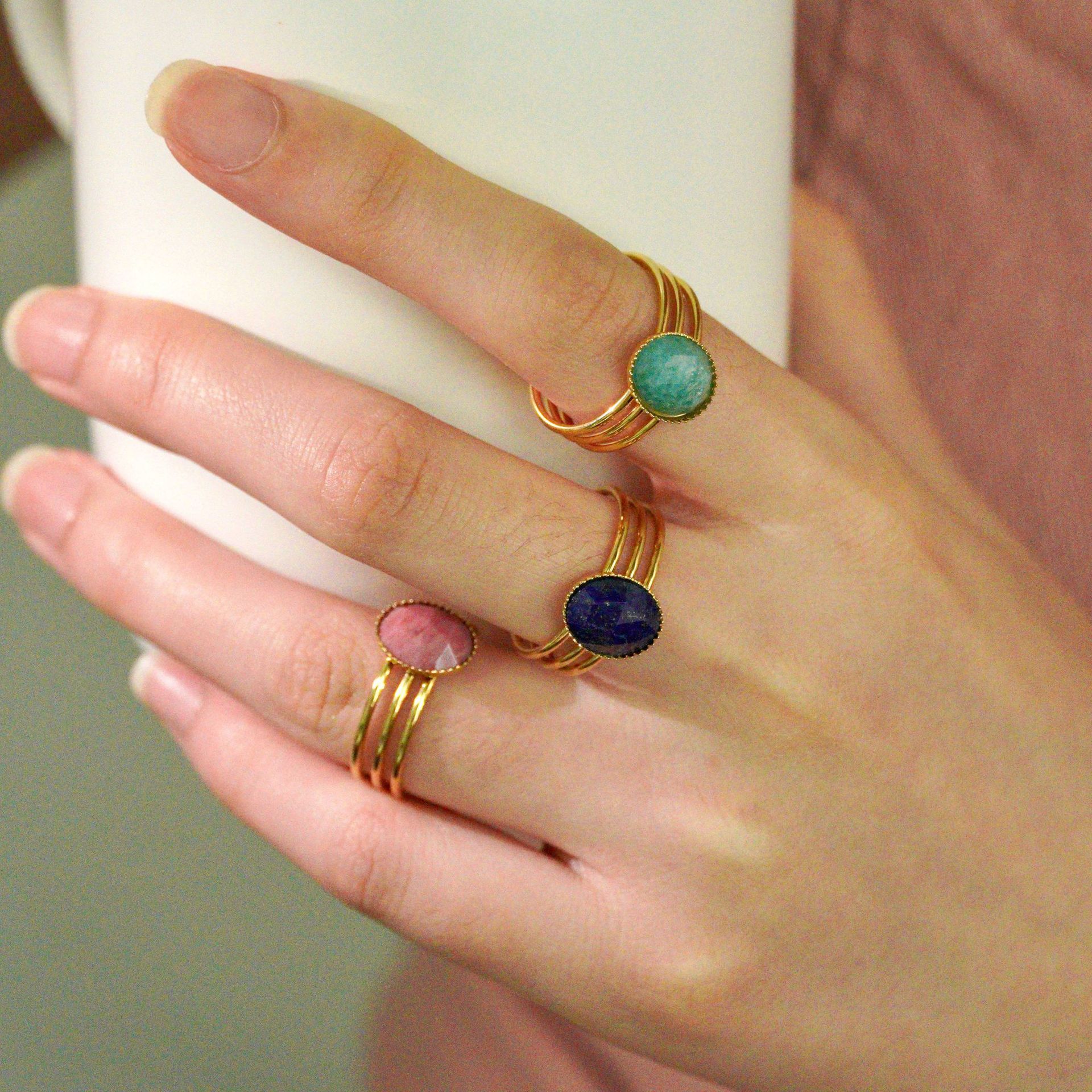 Open Rings Classification Retro French Style Geometric Titanium Steel Natural Stone Open Rings In Bulk