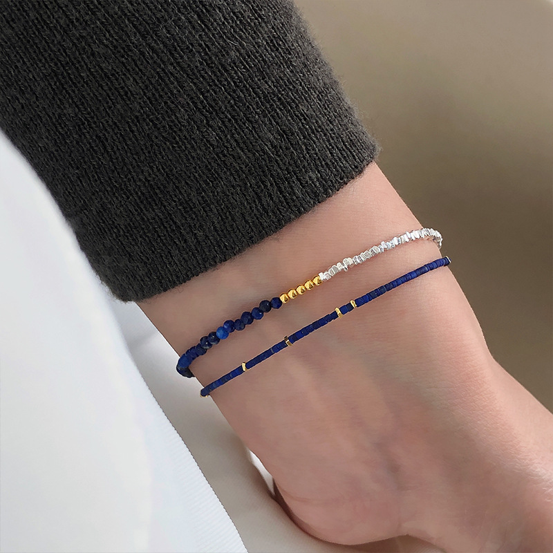 S925銀青金石金銀撞色碎銀手鍊女極細疊戴小眾百搭高級感配飾品