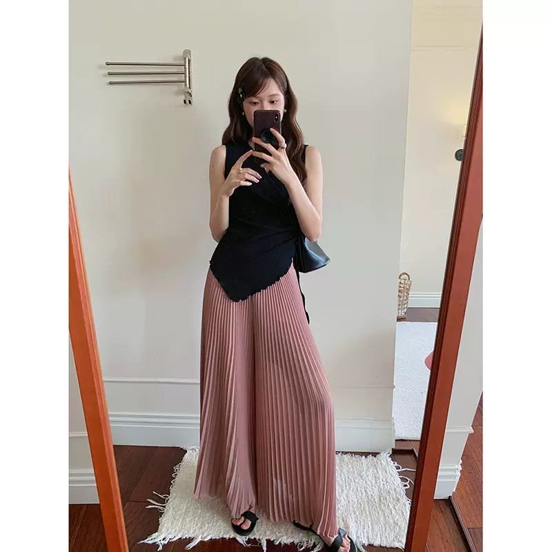 【念夏风琴】歌铭高腰百褶阔腿裙裤女夏季新款通勤垂感休闲裤J199