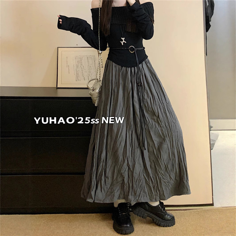 高腰半身裙女早秋新款韩版设计感褶皱长裙复古气质显瘦a字伞裙潮|undefined