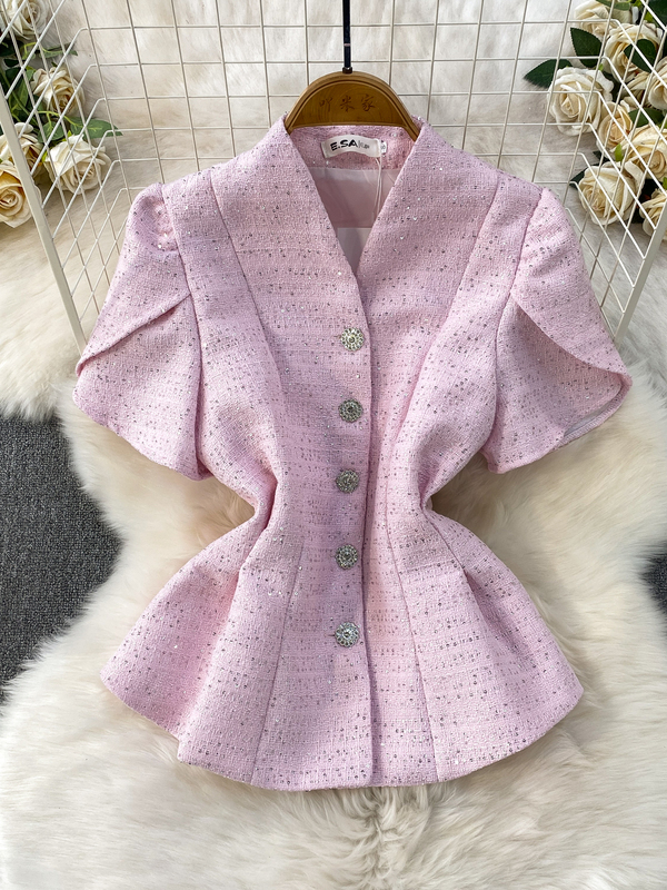 Chanel-Style Outfit, Light Luxury Socialite Sequined Tweed V-Neck Jacket for Women, Spring and Autumn Elegant Puff Sleeve Top Chanel-Style Outfit, Light Luxury Socialite Sequined Tweed V-Neck Jacket for Women, Spring and Autumn Elegant Puff Sleeve Top