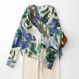 苎麻晕染印花长袖衬衫女2026秋季新款宽松小众设计感领防晒上衣