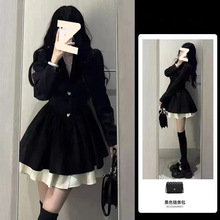 小香风黑色长袖西装连衣裙子秋季感收腰小个子法式公主蓬蓬裙