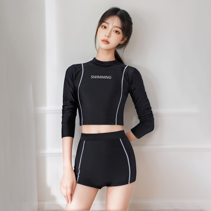 Traje de baño dividido para mujer, protector solar coreano, pantalones de manga larga de secado rápido, traje de neopreno de medusa, snorkel, traje de baño deportivo de surf negro