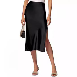 Cross-border Amazon 2024 European and American women's split satin skirt elastic high waist elegant dress skirt