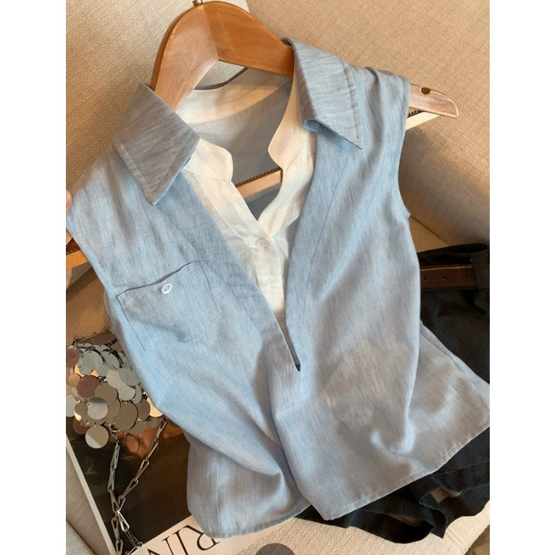 Blue Faux Two-Piece Spliced Sleeveless Linen Shirt for Women, 2026 Summer New Fashion Simple Versatile Stylish Top