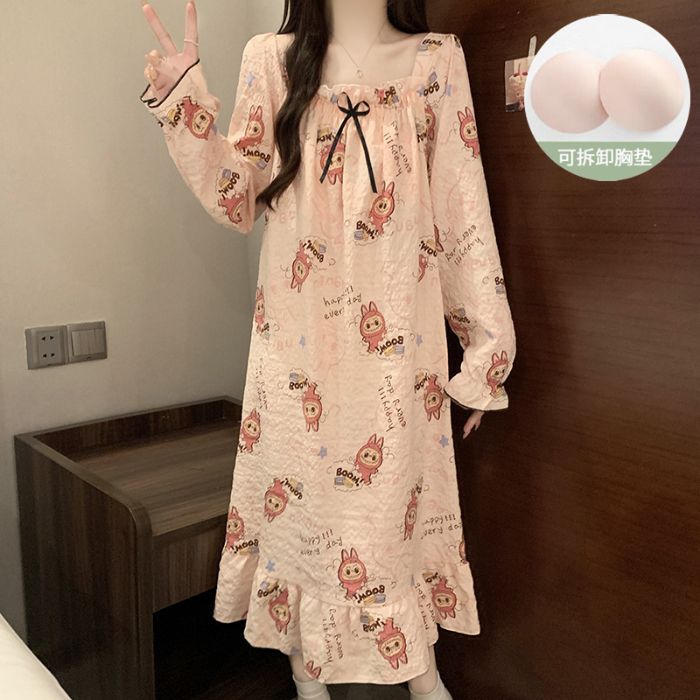 Venta al por mayor transfronteriza nube de algodón con almohadilla para el pecho Camisón largo de manga larga desmontable Otoño nuevo pijama niña dulce servicio a domicilio