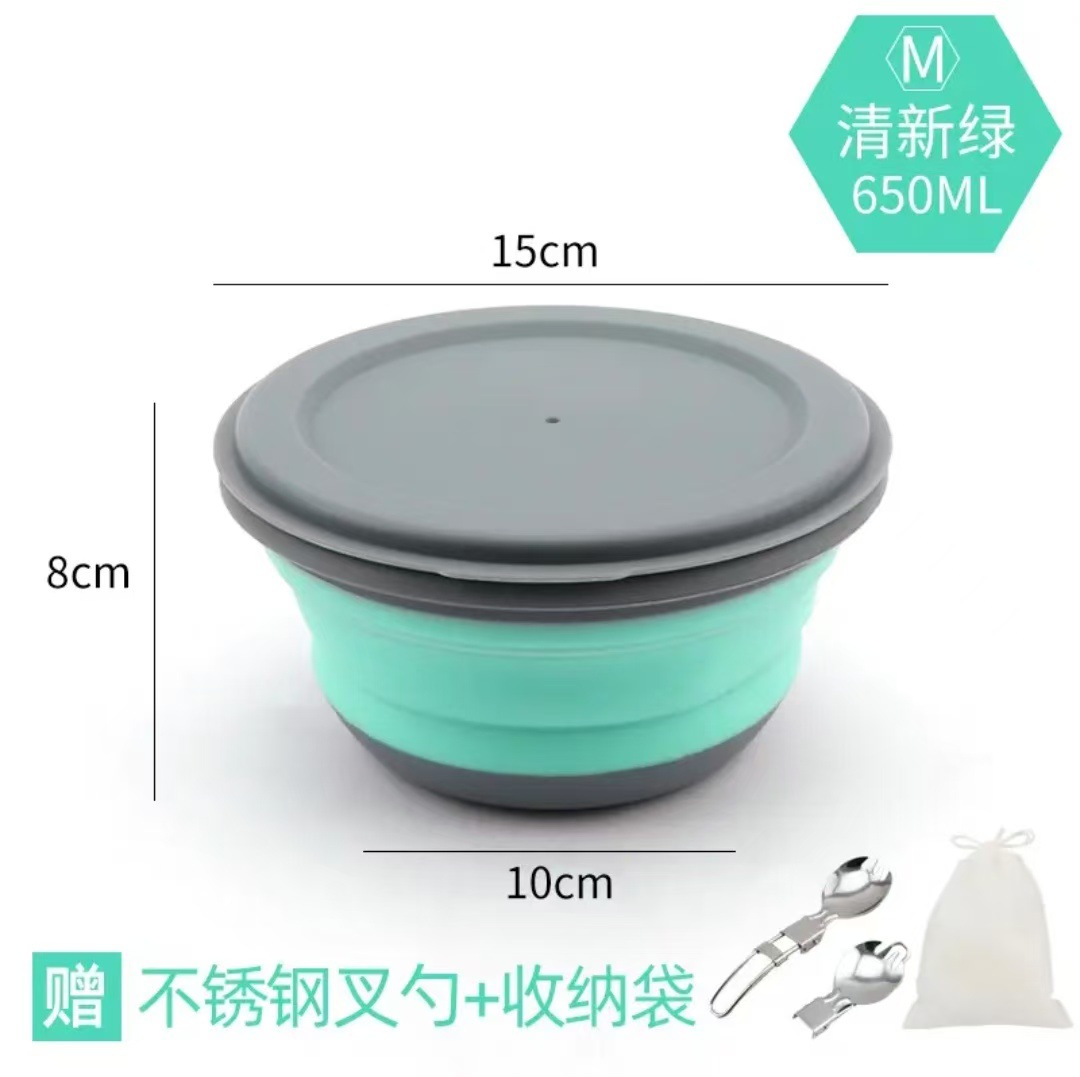 Bol mediano verde + tenedor de acero inoxidable + bolsa de almacenamiento