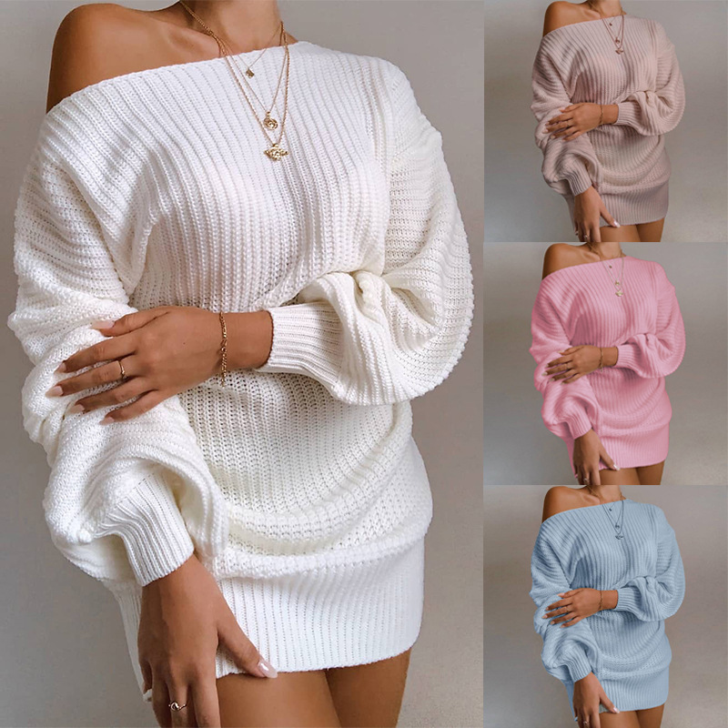 Suéter transfronterizo Otoño/Invierno 2026, éxito de ventas en Amazon, estilo europeo y americano, informal, con hombros descubiertos, manga farol, vestido de punto. image 3