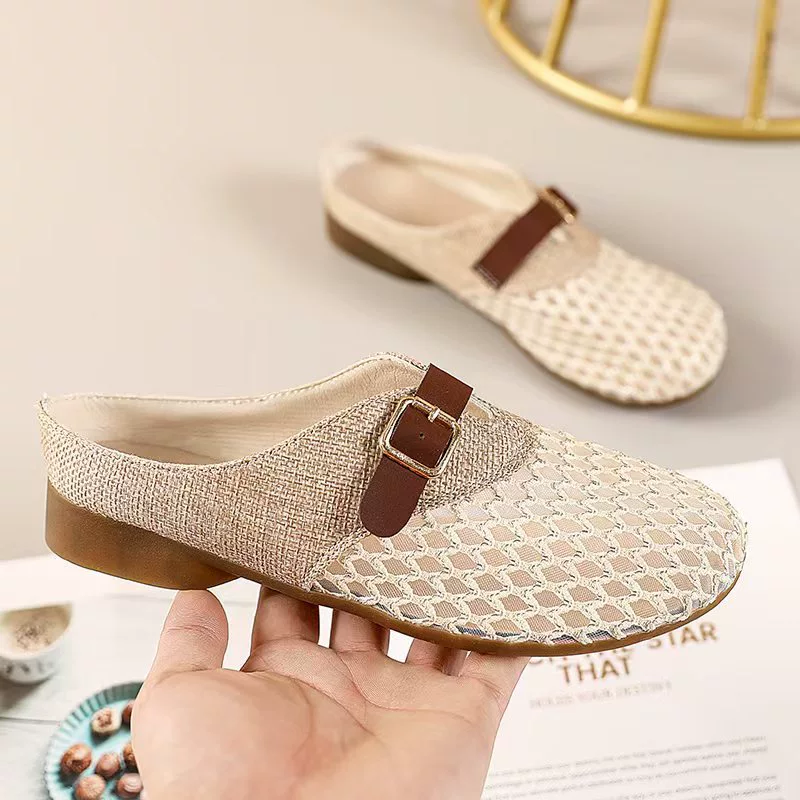 Женские полусандалии с дышащим носком, сетчатые, на плоской подошве, летние, 2025, новые, для улицы, удобные мюли.