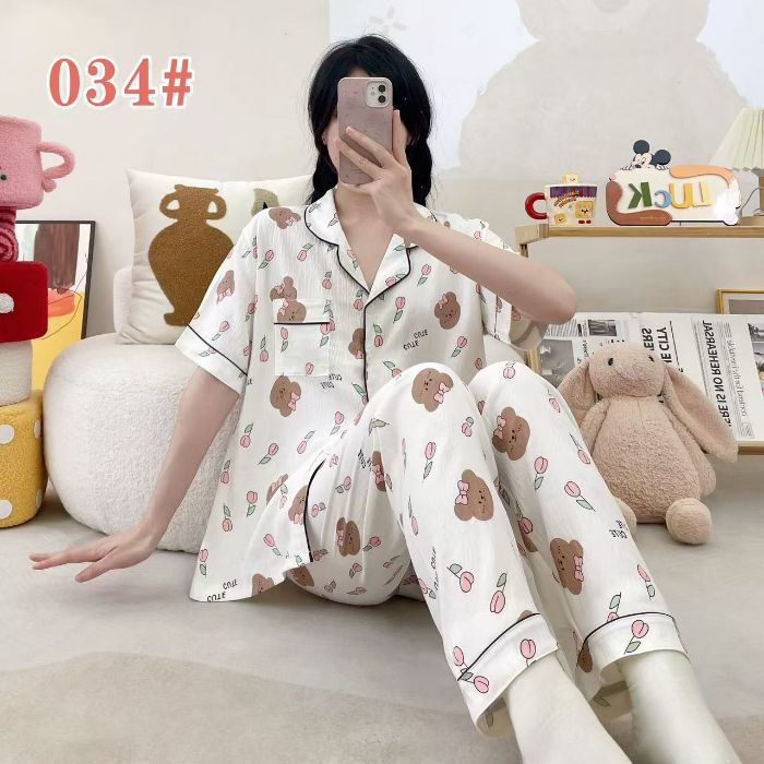Estilo explosivo transfronterizo spot verano pantalones de manga corta cardigan solapa pijamas de dibujos animados lindo nube femenina algodón cómodo servicio a domicilio